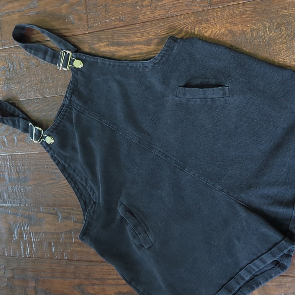 Black Adjustable Short Denim Overalls Romper, L